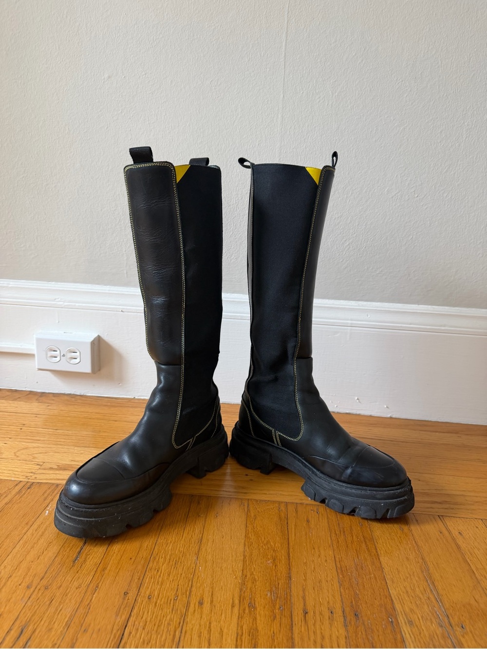 Ganni Black Leather Knee High Chelsea Boot